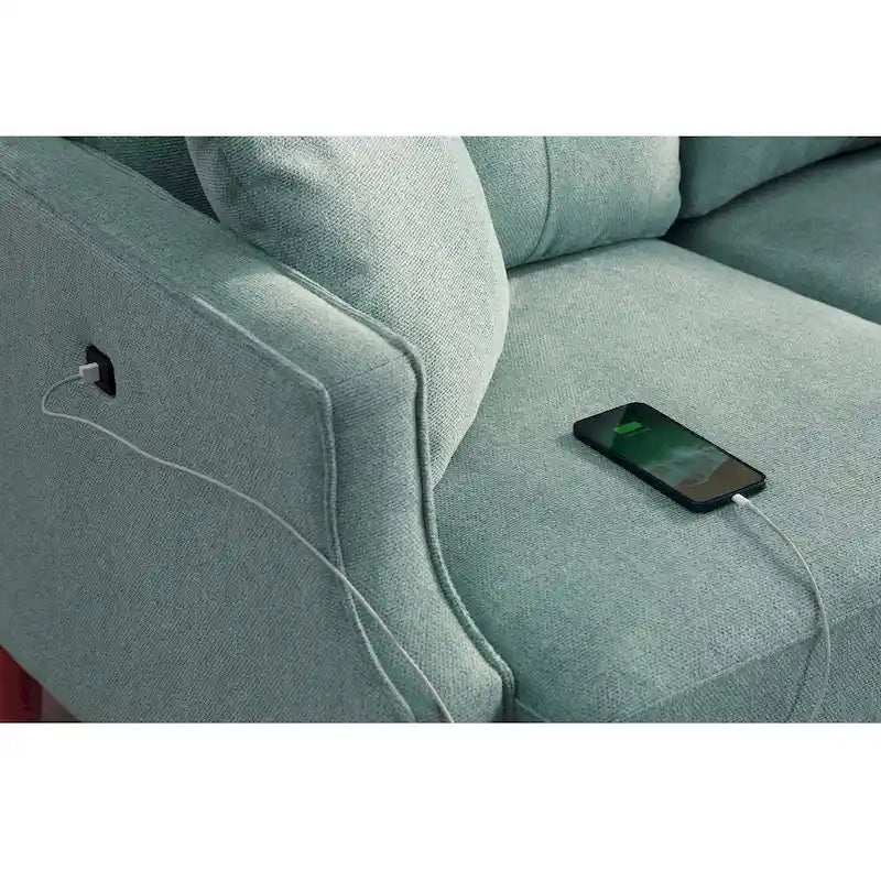 Tapicerowana sofa z wodoodpornym materiałem i portem USB do ładowania