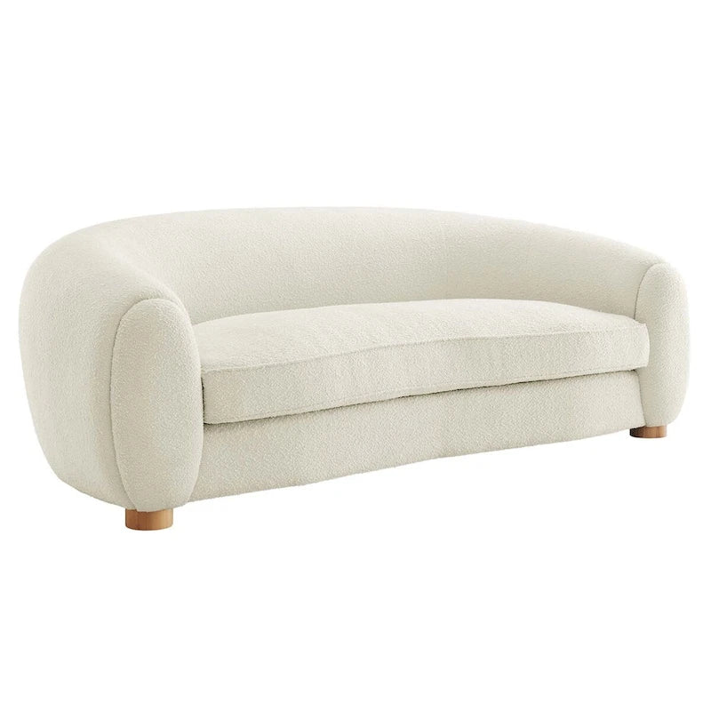 Współczesna sofa tapicerowana boucle z gęstą pianką i nogami z drewna bukowego