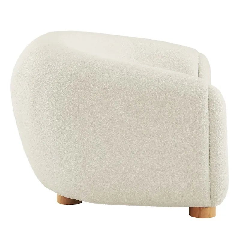 Współczesna sofa tapicerowana boucle z gęstą pianką i nogami z drewna bukowego