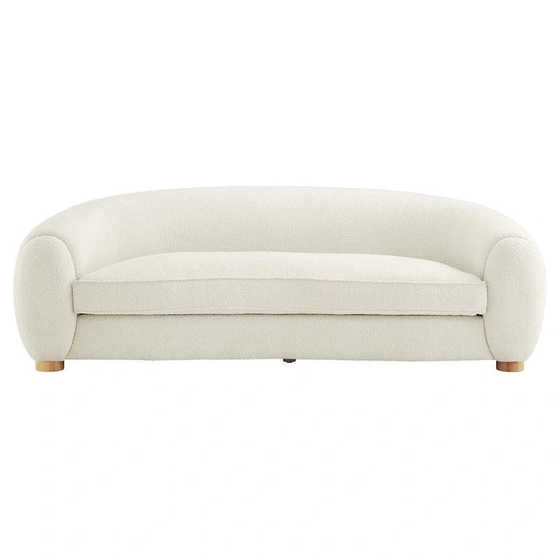 Współczesna sofa tapicerowana boucle z gęstą pianką i nogami z drewna bukowego