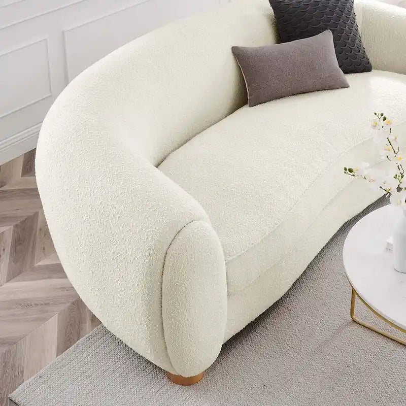Współczesna sofa tapicerowana boucle z gęstą pianką i nogami z drewna bukowego