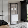 65 Inch Modern Display Cabinet, 4 Shelves, Drawer, Distressed Gray, White