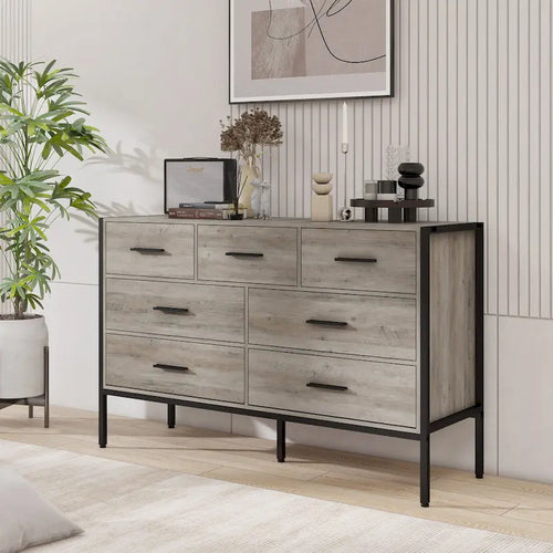 Wood Dresser with 7 Drawers, Wooden Storage Closet for Bedroom, Solid Clothes Cabinet with Sturdy Steel Frame
