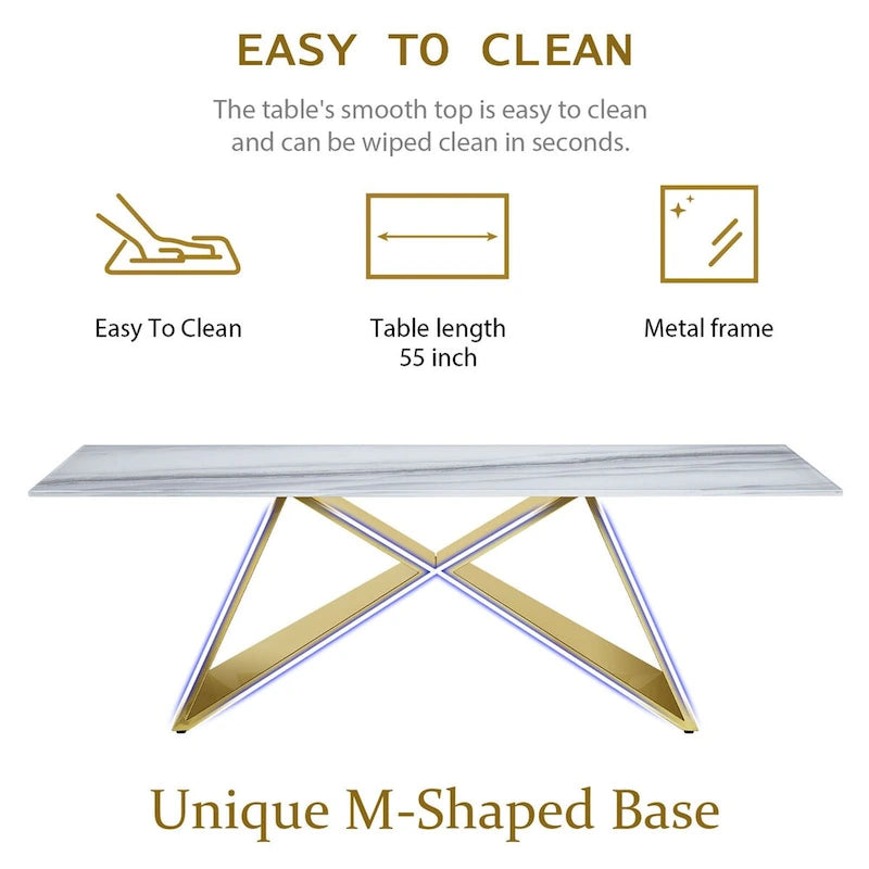 50-calowy prostokątny biały stolik kawowy ze szkła hartowanego z lustrzaną podstawą w kształcie litery M