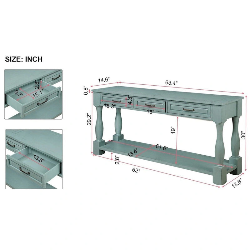 Konsola z litego drewna z 3 szufladami i dolną półką - 63W