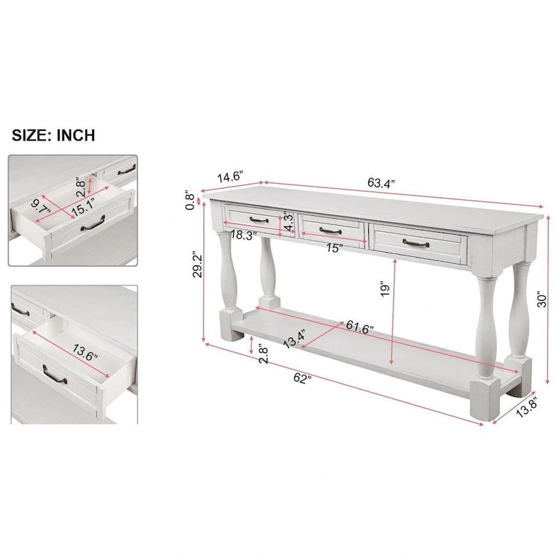 Konsola z litego drewna z 3 szufladami i dolną półką - 63W