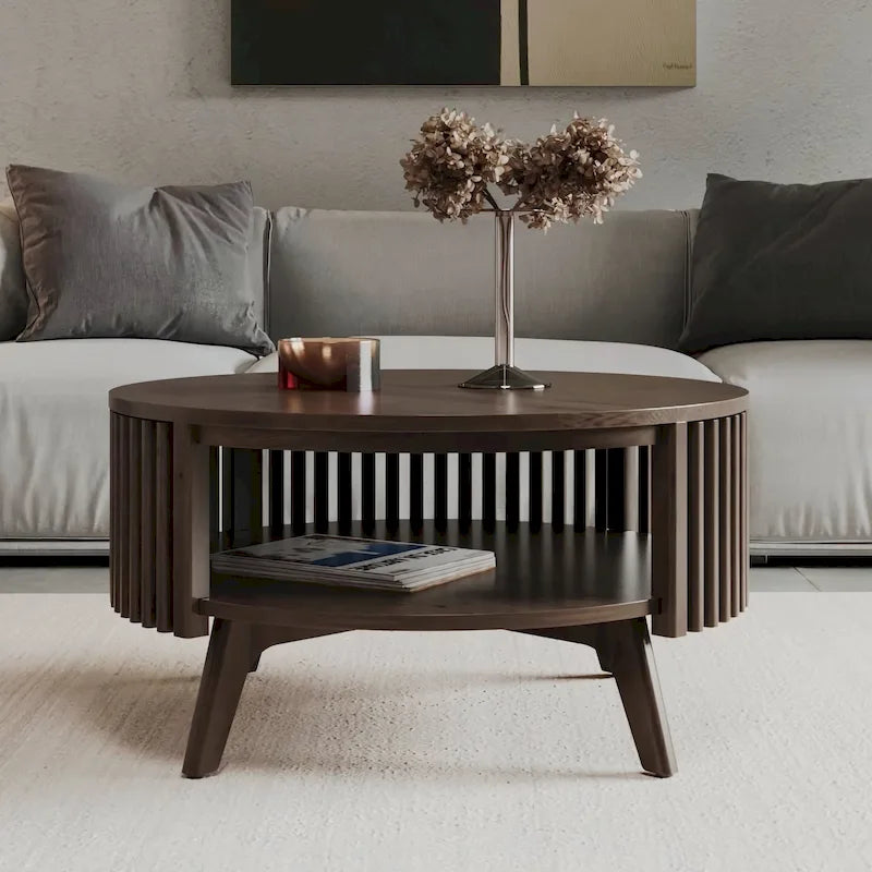 Okrągły stolik kawowy w stylu Mid Century Modern z miejscem do przechowywania - Ciemnobrązowe drewno