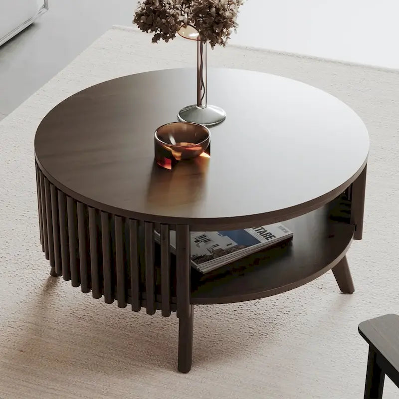 Okrągły stolik kawowy w stylu Mid Century Modern z miejscem do przechowywania - Ciemnobrązowe drewno