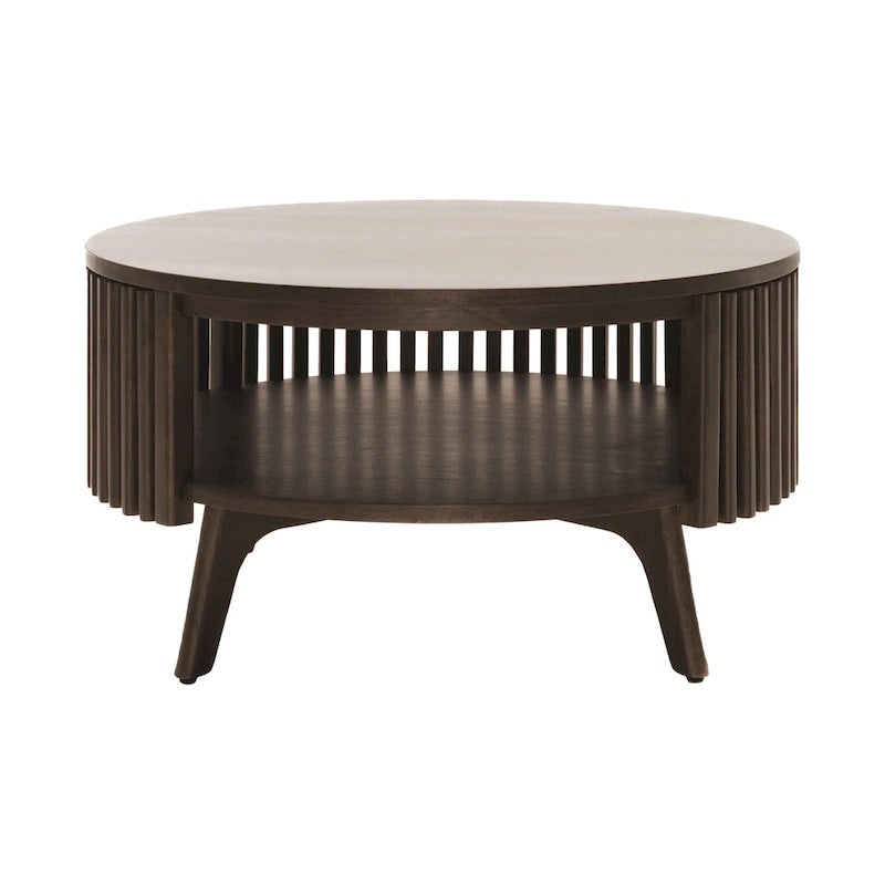 Okrągły stolik kawowy w stylu Mid Century Modern z miejscem do przechowywania - Ciemnobrązowe drewno
