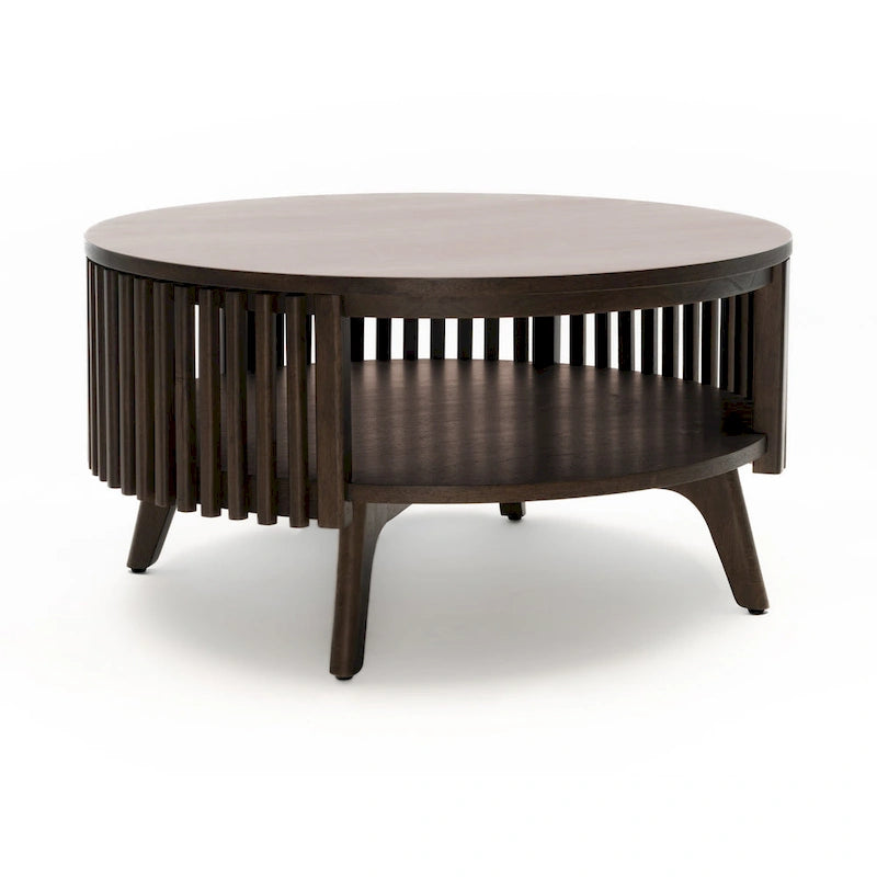 Okrągły stolik kawowy w stylu Mid Century Modern z miejscem do przechowywania - Ciemnobrązowe drewno