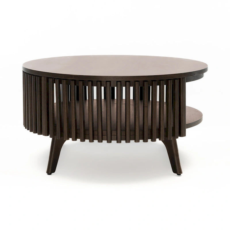 Okrągły stolik kawowy w stylu Mid Century Modern z miejscem do przechowywania - Ciemnobrązowe drewno