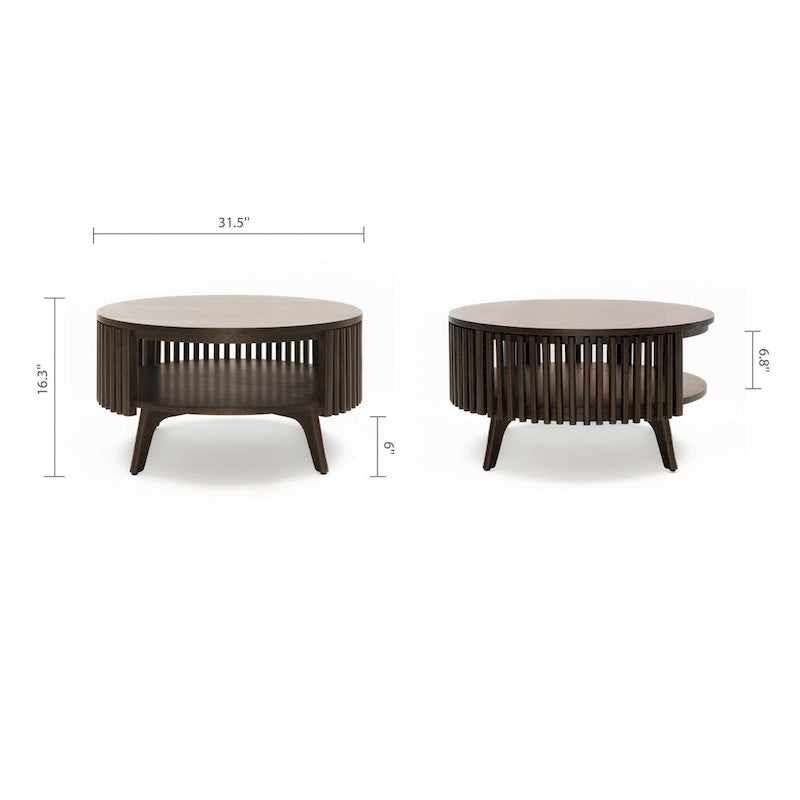 Okrągły stolik kawowy w stylu Mid Century Modern z miejscem do przechowywania - Ciemnobrązowe drewno
