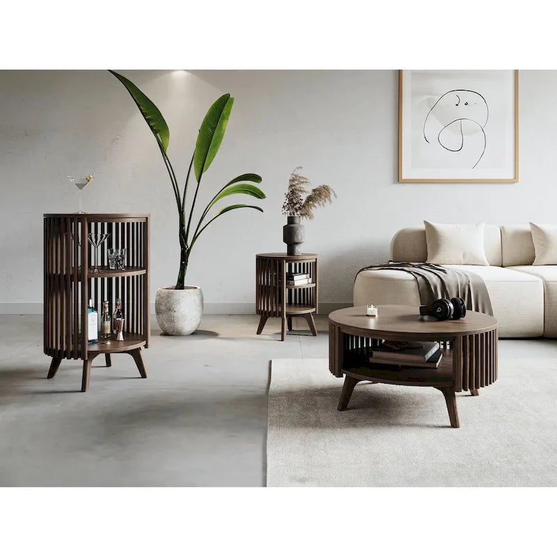 Okrągły stolik kawowy w stylu Mid Century Modern z miejscem do przechowywania - Ciemnobrązowe drewno