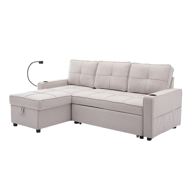 Narożna sofa do spania z lnu z rozkładanym łóżkiem, schowkiem i ładowarką USB