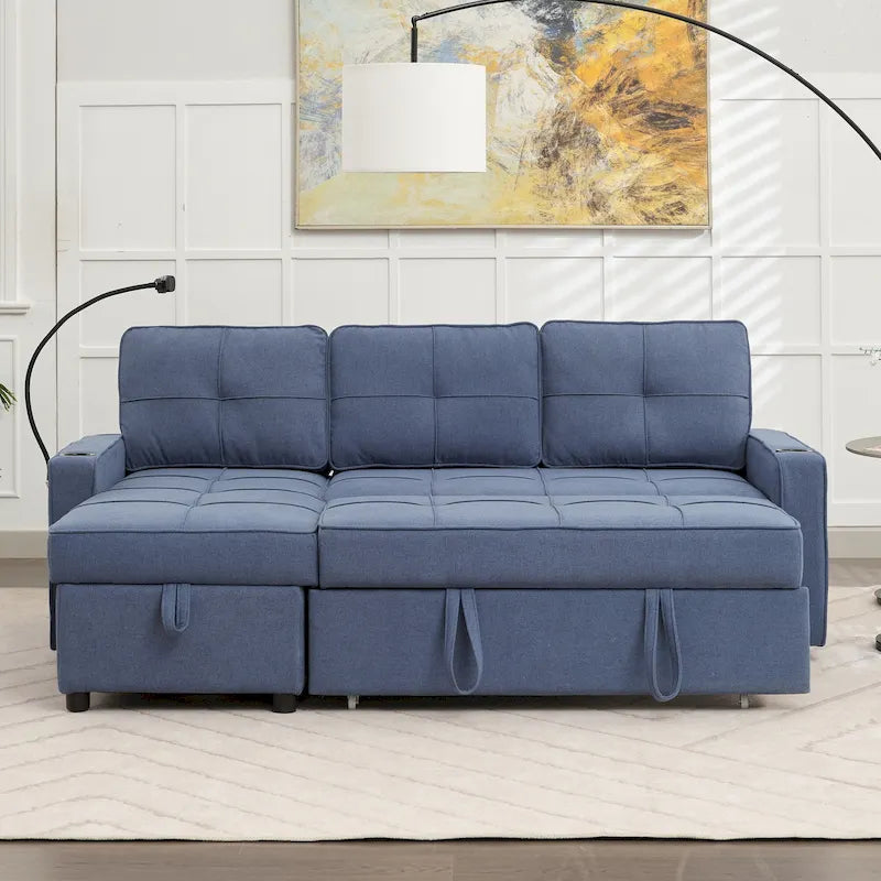 Narożna sofa do spania z lnu z rozkładanym łóżkiem, schowkiem i ładowarką USB