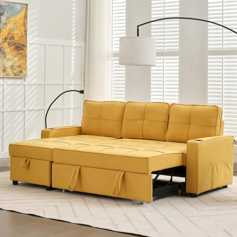 Narożna sofa do spania z lnu z rozkładanym łóżkiem, schowkiem i ładowarką USB