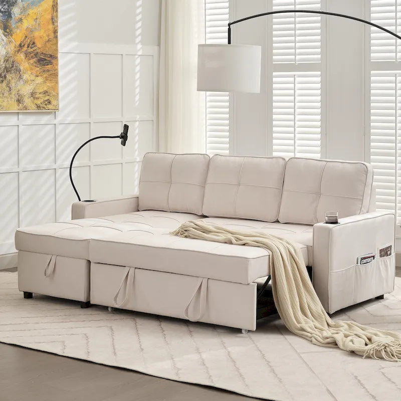 Narożna sofa do spania z lnu z rozkładanym łóżkiem, schowkiem i ładowarką USB