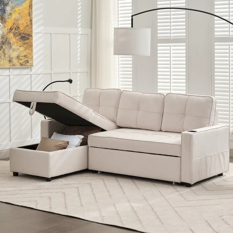 Narożna sofa do spania z lnu z rozkładanym łóżkiem, schowkiem i ładowarką USB