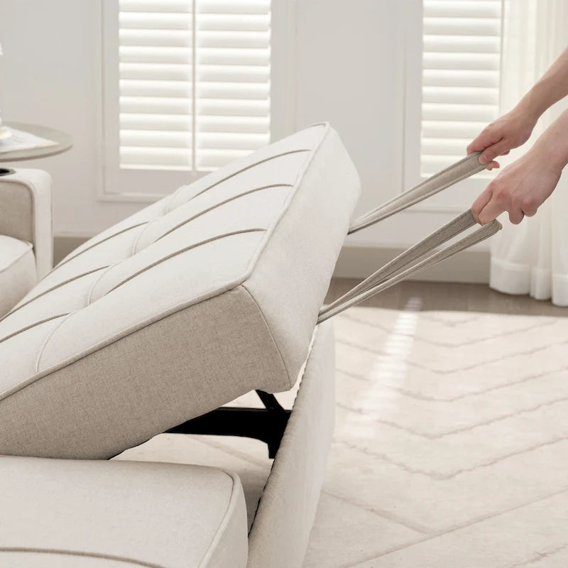 Narożna sofa do spania z lnu z rozkładanym łóżkiem, schowkiem i ładowarką USB