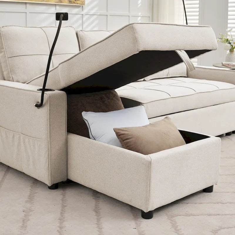 Narożna sofa do spania z lnu z rozkładanym łóżkiem, schowkiem i ładowarką USB