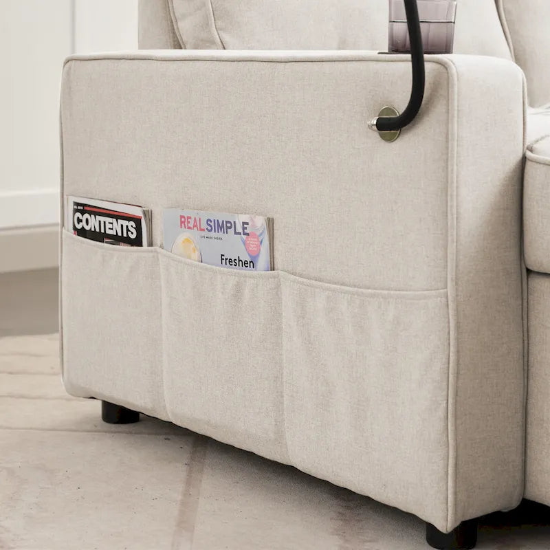 Narożna sofa do spania z lnu z rozkładanym łóżkiem, schowkiem i ładowarką USB