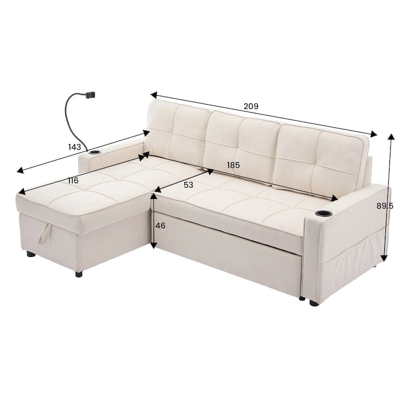 Narożna sofa do spania z lnu z rozkładanym łóżkiem, schowkiem i ładowarką USB