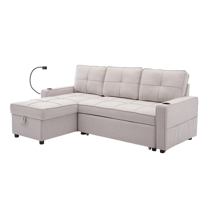 Narożna sofa do spania z lnu z rozkładanym łóżkiem, schowkiem i ładowarką USB