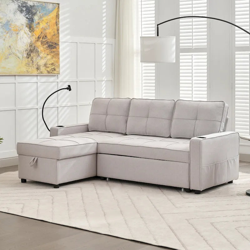 Narożna sofa do spania z lnu z rozkładanym łóżkiem, schowkiem i ładowarką USB