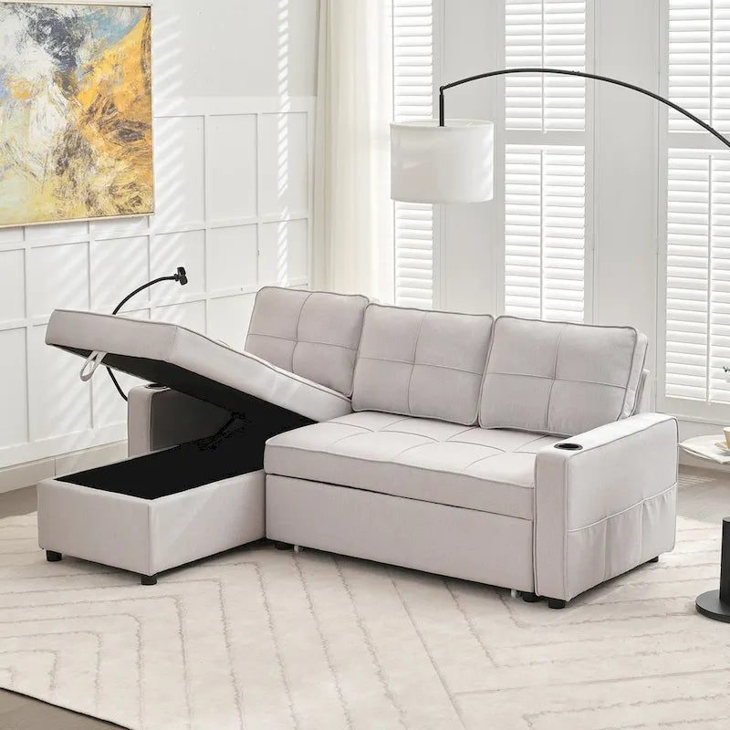 Narożna sofa do spania z lnu z rozkładanym łóżkiem, schowkiem i ładowarką USB