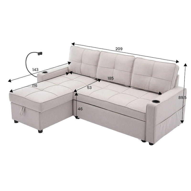 Narożna sofa do spania z lnu z rozkładanym łóżkiem, schowkiem i ładowarką USB