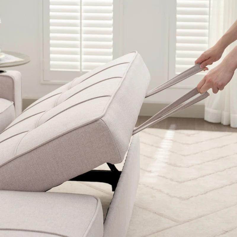 Narożna sofa do spania z lnu z rozkładanym łóżkiem, schowkiem i ładowarką USB