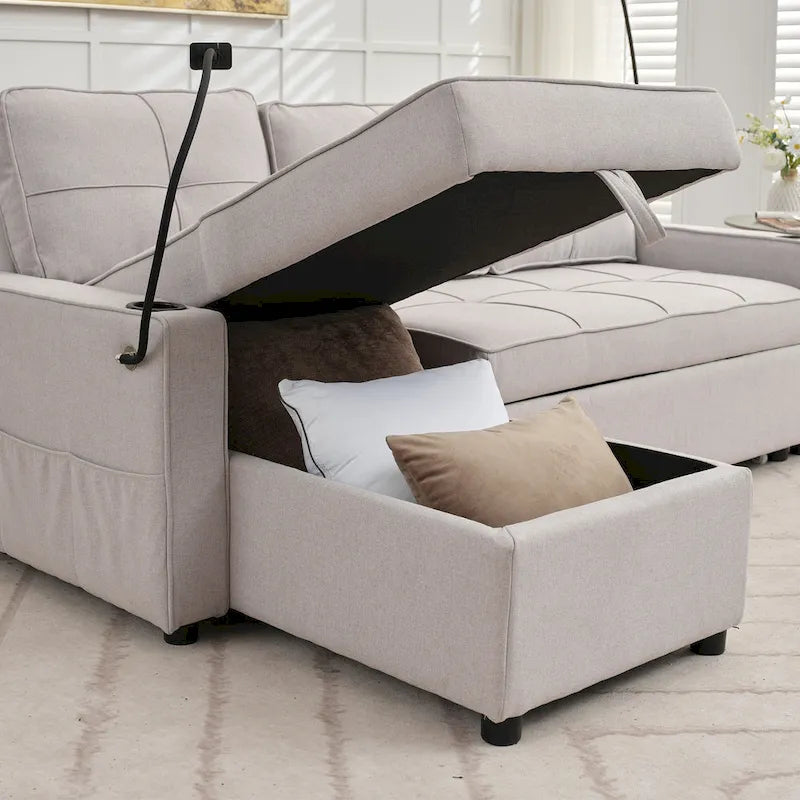 Narożna sofa do spania z lnu z rozkładanym łóżkiem, schowkiem i ładowarką USB