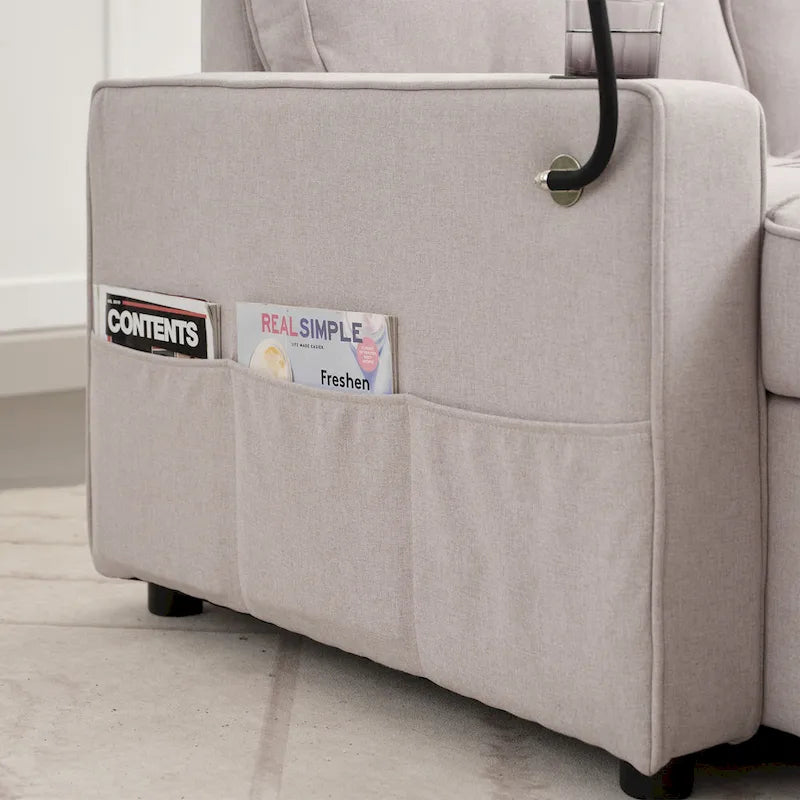Narożna sofa do spania z lnu z rozkładanym łóżkiem, schowkiem i ładowarką USB
