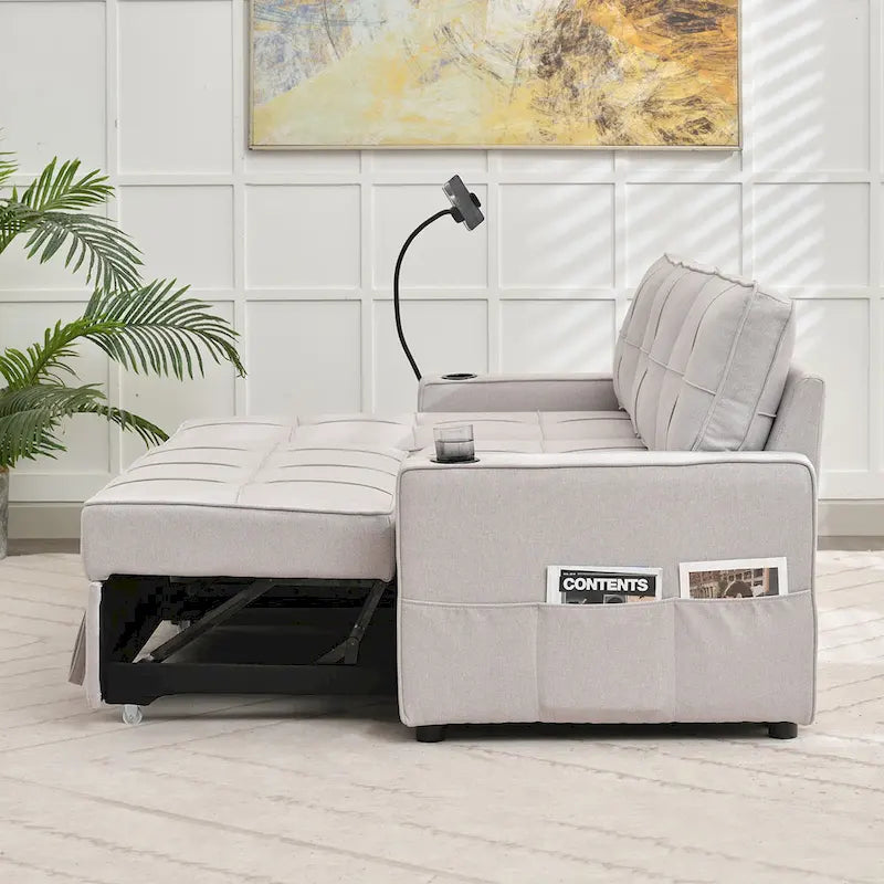 Narożna sofa do spania z lnu z rozkładanym łóżkiem, schowkiem i ładowarką USB