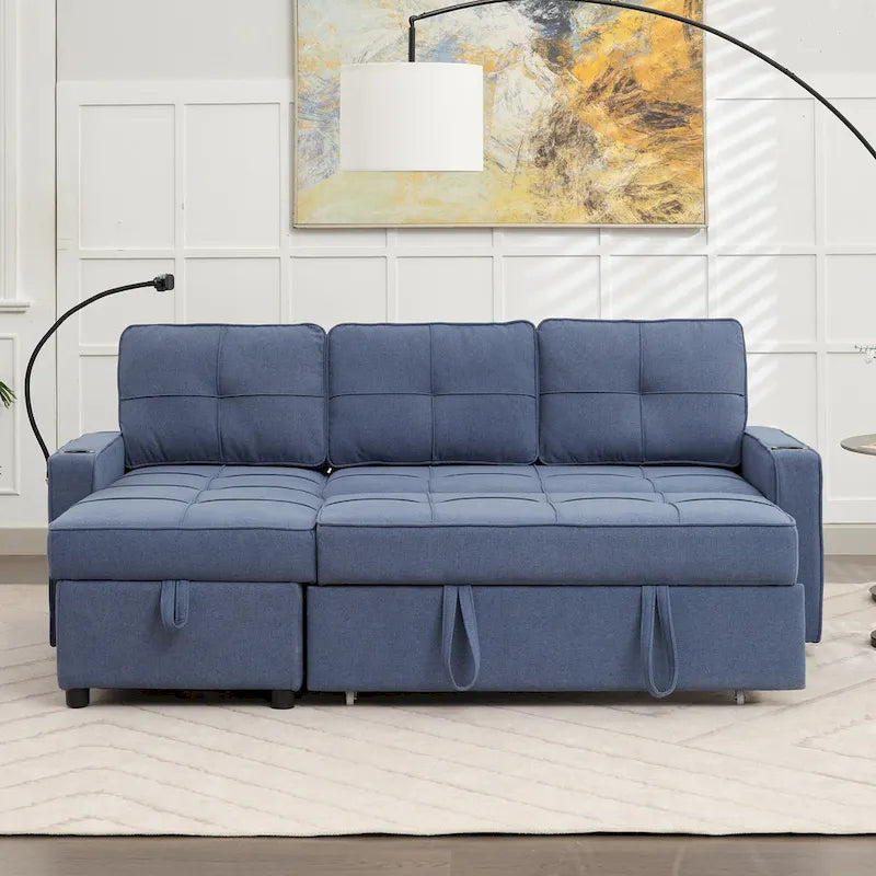 Narożna sofa do spania z lnu z rozkładanym łóżkiem, schowkiem i ładowarką USB