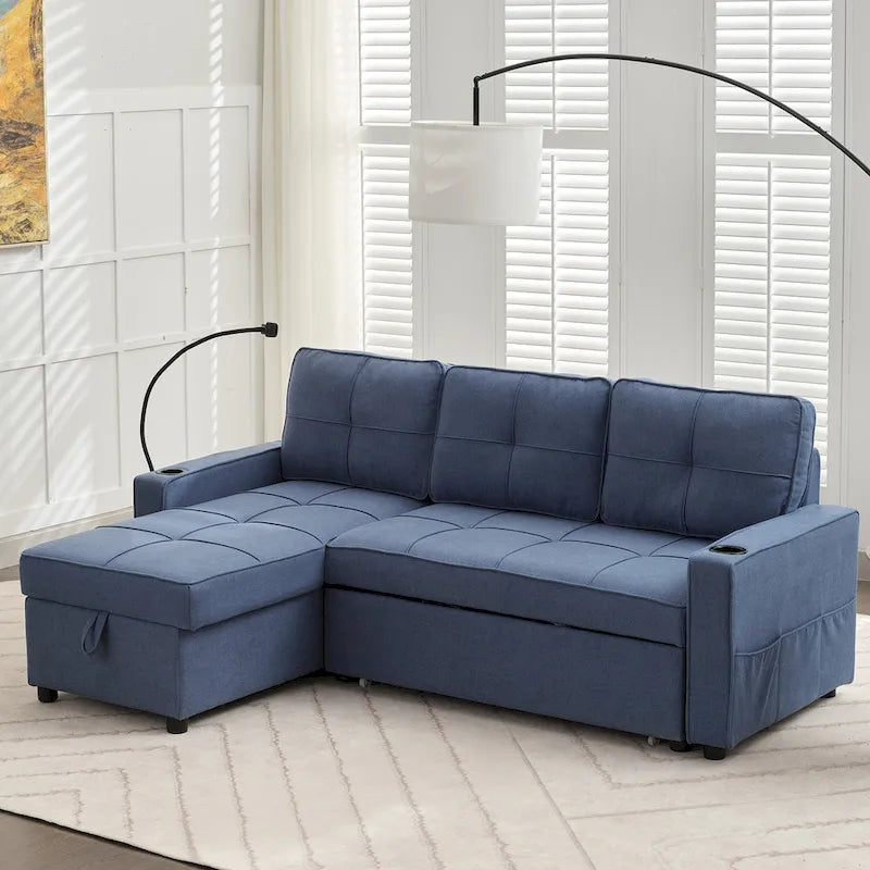 Narożna sofa do spania z lnu z rozkładanym łóżkiem, schowkiem i ładowarką USB