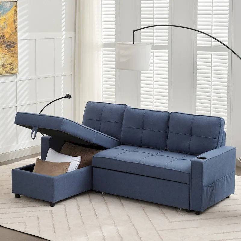 Narożna sofa do spania z lnu z rozkładanym łóżkiem, schowkiem i ładowarką USB
