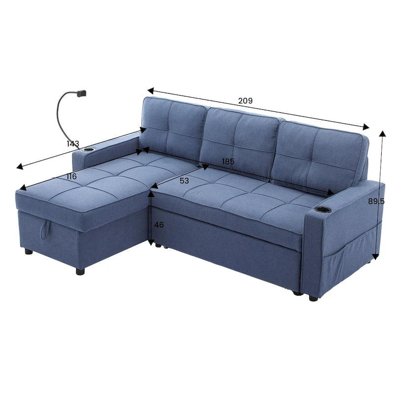 Narożna sofa do spania z lnu z rozkładanym łóżkiem, schowkiem i ładowarką USB