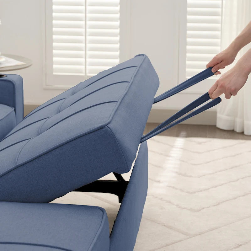Narożna sofa do spania z lnu z rozkładanym łóżkiem, schowkiem i ładowarką USB