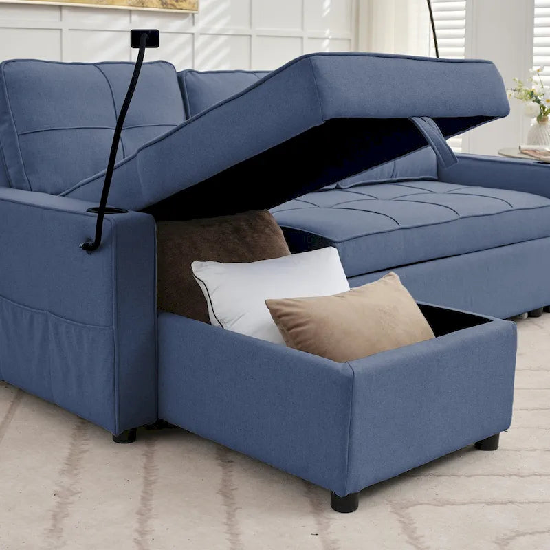 Narożna sofa do spania z lnu z rozkładanym łóżkiem, schowkiem i ładowarką USB