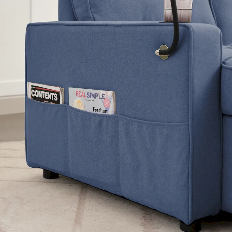 Narożna sofa do spania z lnu z rozkładanym łóżkiem, schowkiem i ładowarką USB
