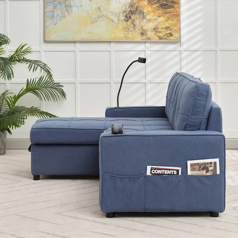Narożna sofa do spania z lnu z rozkładanym łóżkiem, schowkiem i ładowarką USB