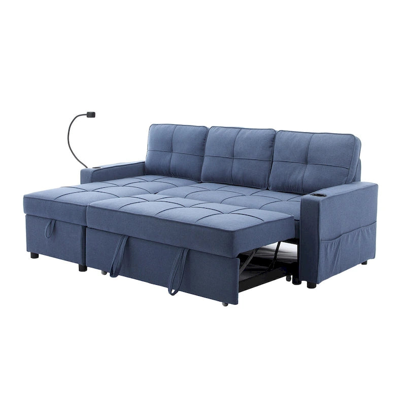 Narożna sofa do spania z lnu z rozkładanym łóżkiem, schowkiem i ładowarką USB